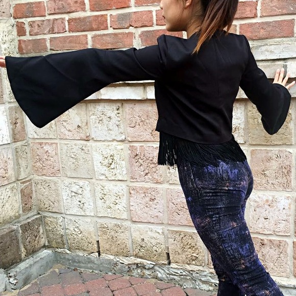 "Vertigo" Black Fringe Crop Top w/ Bell Sleeves - Picture 7 of 7